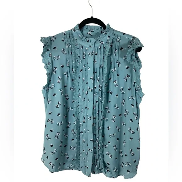 Ann Taylor Women’s XL Sleeveless Ruffle Lace Trim Feminine Blue Floral Blouse - Picture 3 of 7